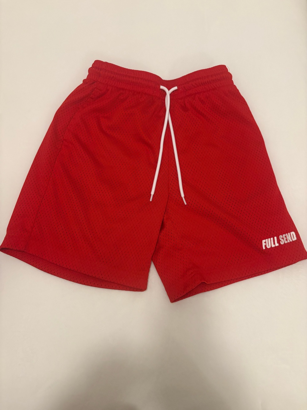 FULL SEND Men’s Red Athletic Mesh Shorts with Drawstring Waist